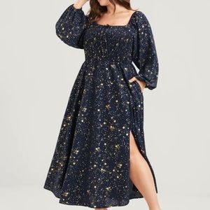 Star Lantern Sleeve Pocket Tie Square Neck Shirred Split Dress size 1x